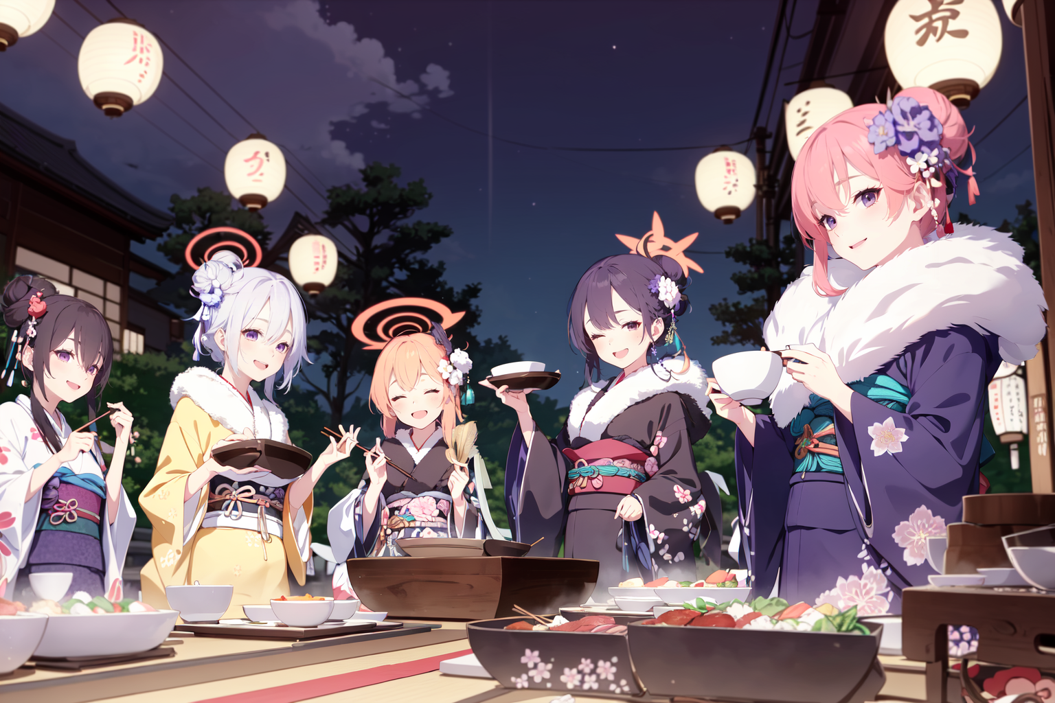 20518-3089360071--kimono, multiple girls, japanese clothes, hair ornament, red hair, food, sash, obi, horns, red eyes, holding, flower, chopstick.png
